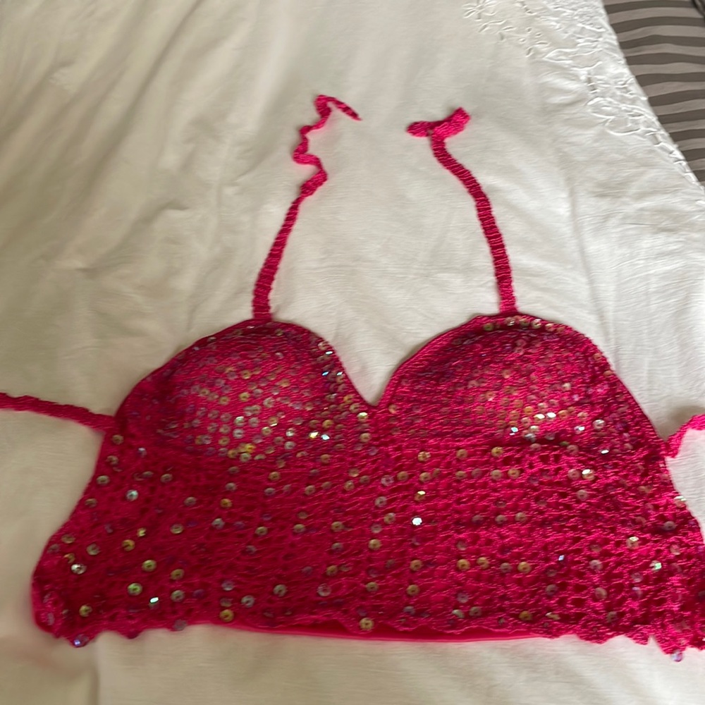 Crochet With Sequins Pink top Y2K